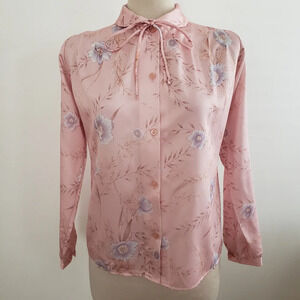 Vintage Floral Blouse Pink w/ Lavender Flowers Button Tie Neck Tagged La…